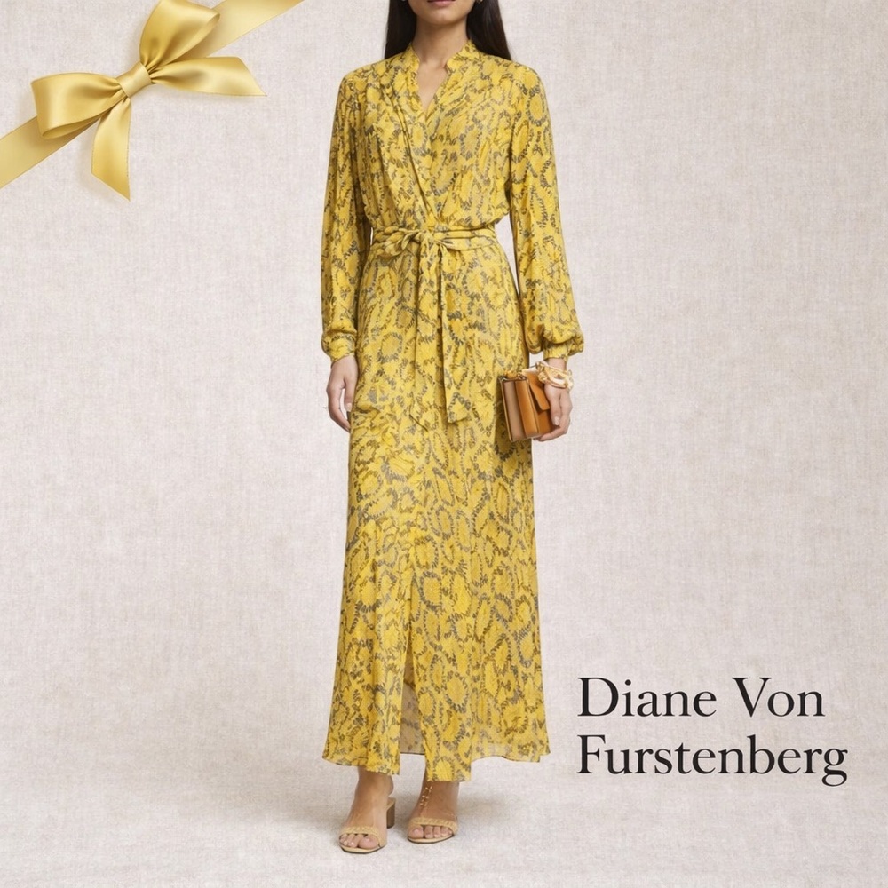 Dvf Carter Yellow Snakeskin Belted Maxi Dress Medium